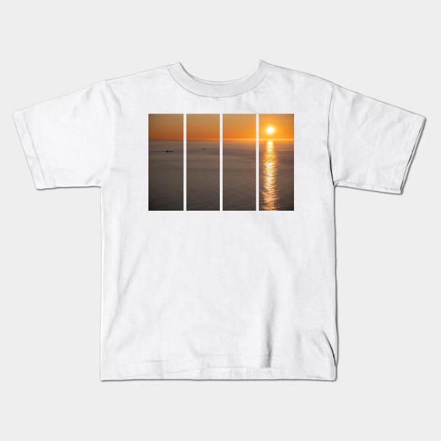 Wonderful landscapes in Norway. Nord-Norge. Beautiful scenery of a midnight sun sunset at Nordkapp (Cape North). Boat and globe on a cliff. Rippled sea and clear orange sky. Kids T-Shirt by fabbroni-art